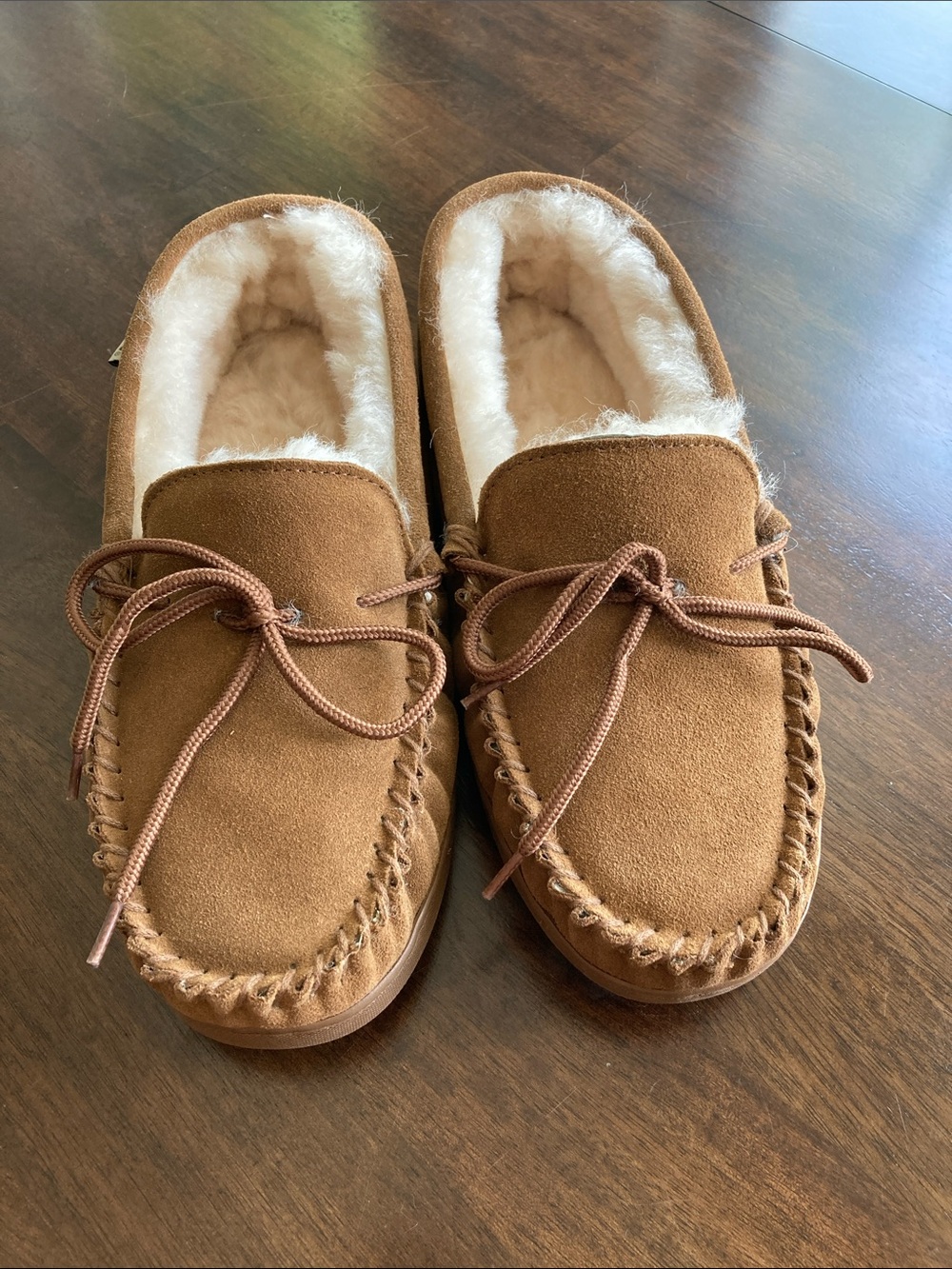 BearPaw Cozy Suede Moccasin Slippers in Hickory Brown with Faux Fur